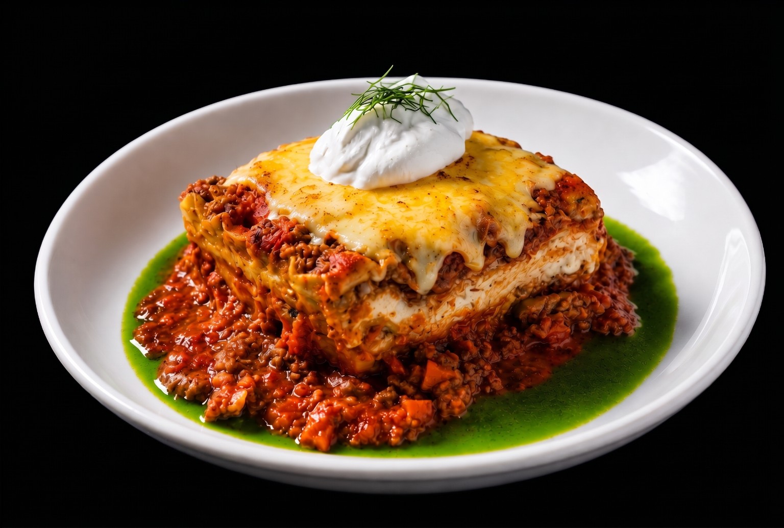 Epic House Lasagna with cream and fresh basil oil